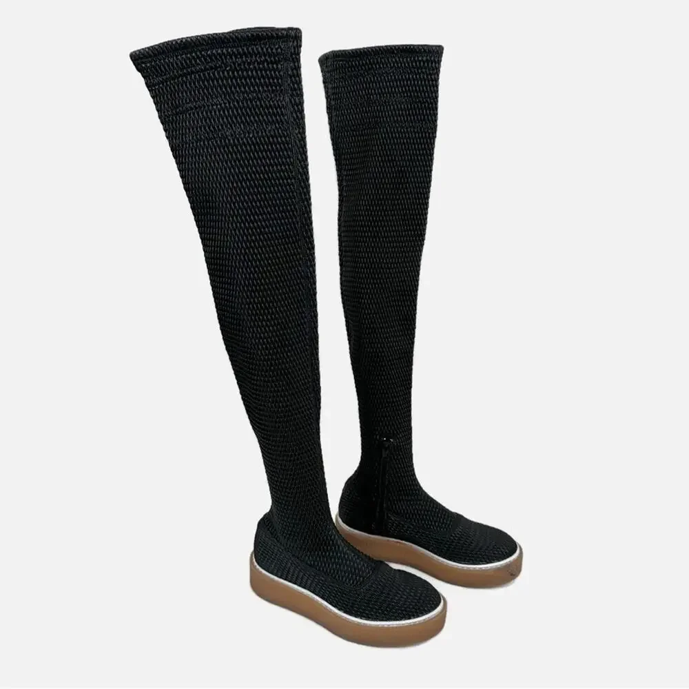 Free People Thigh High Over The Knee Boots Womens 37/ US 6.5 Black Stretch OTK
